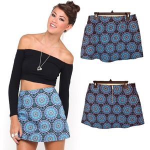 Motel Rocks Annie A-Line Mini Skirt in Mandala Blue Black Print High Waist Large